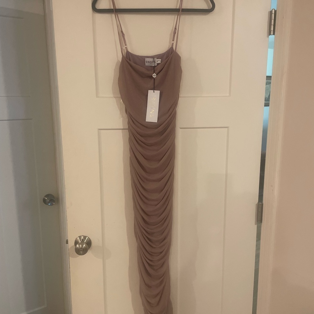 Elegant Tan Maxi Dress with Ruched Design